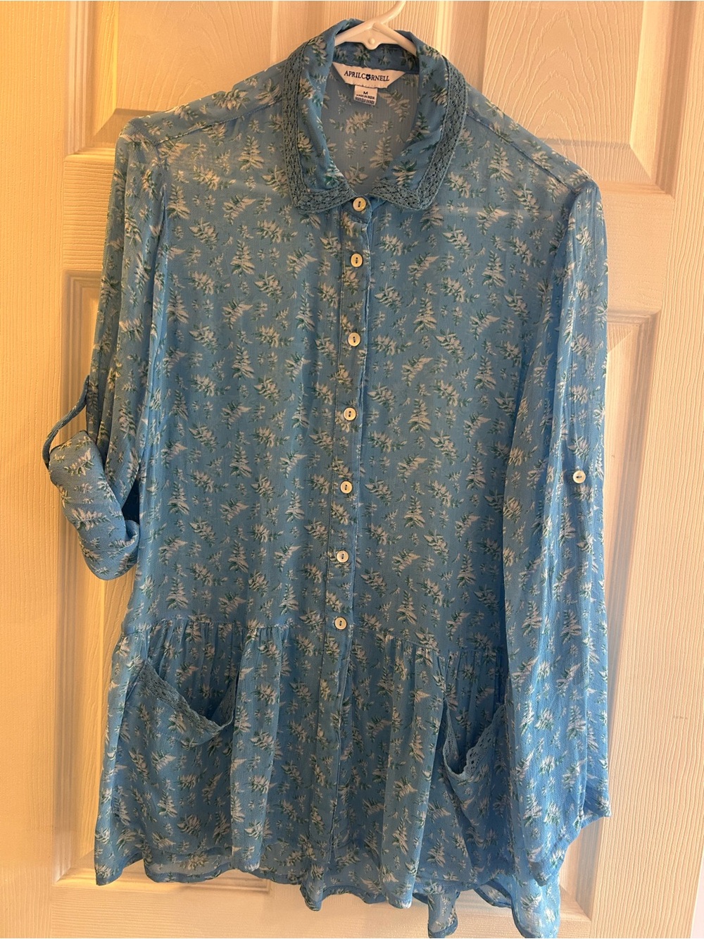 April Cornell Powder Blue Floral Button-Front Peplum Blouse